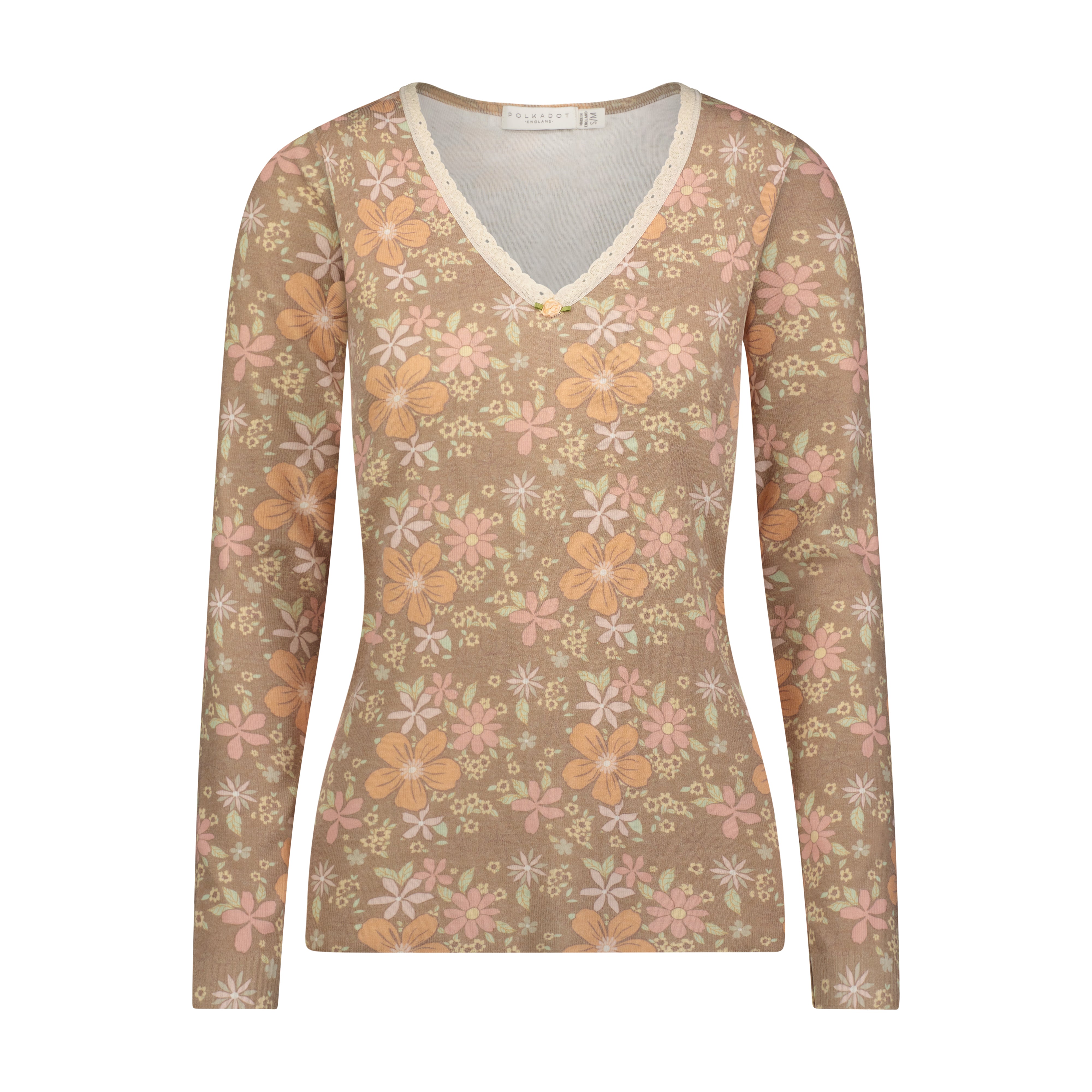 COFFEE RETRO FLORAL Print PAULINE V NECK SLOUCHY w Cluny