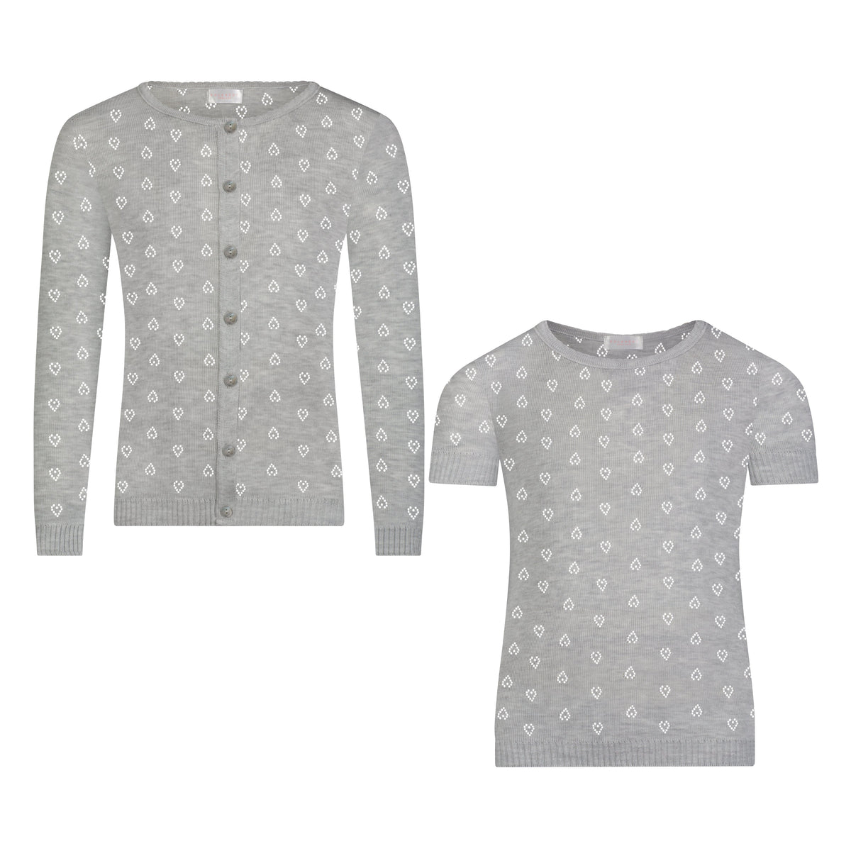 Girls Chloe Cardigan & Long Sleeve Tee Set - Heather Grey Hearts Pointelle