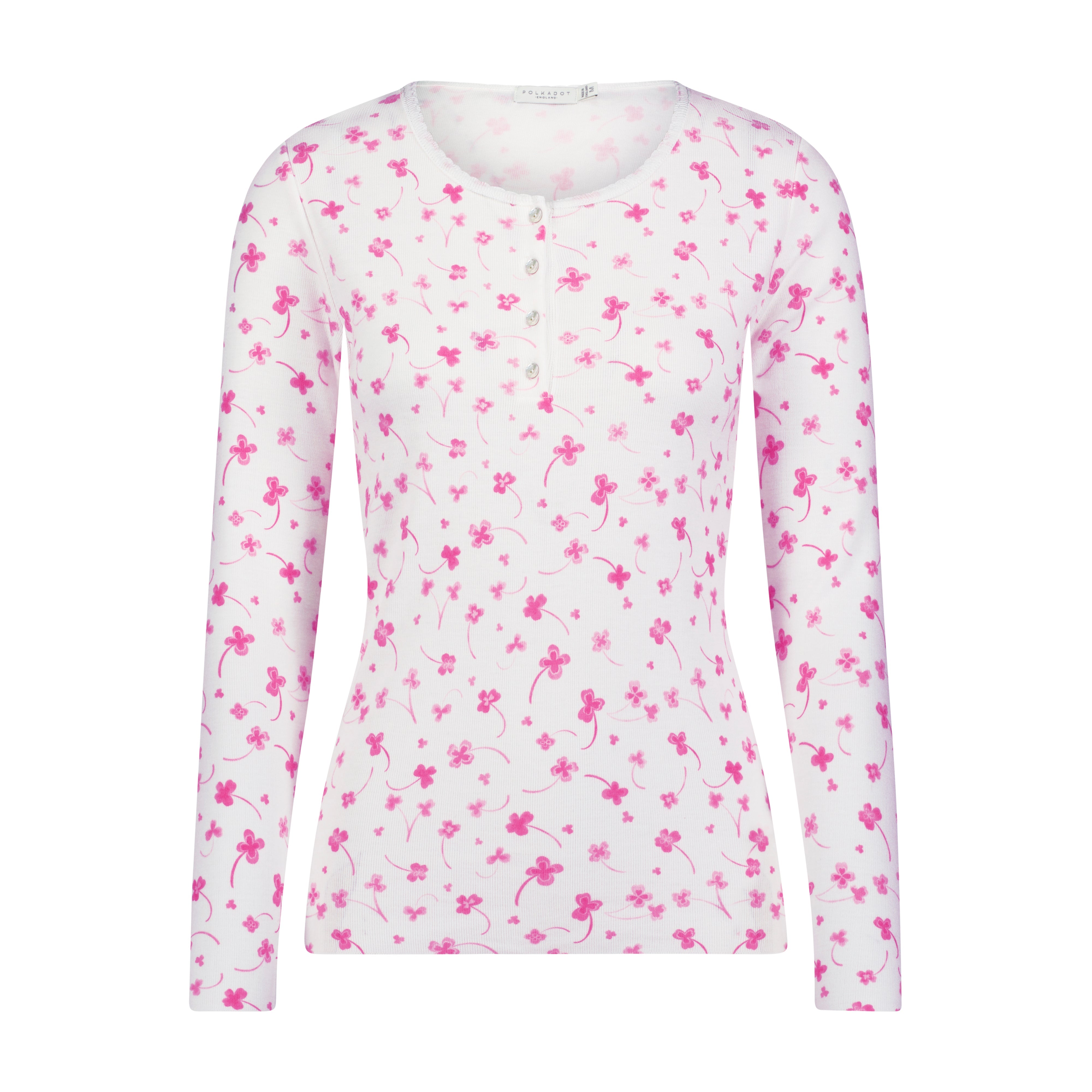 PINK CLOVER Print HENLEY Fitted LS 4 Button