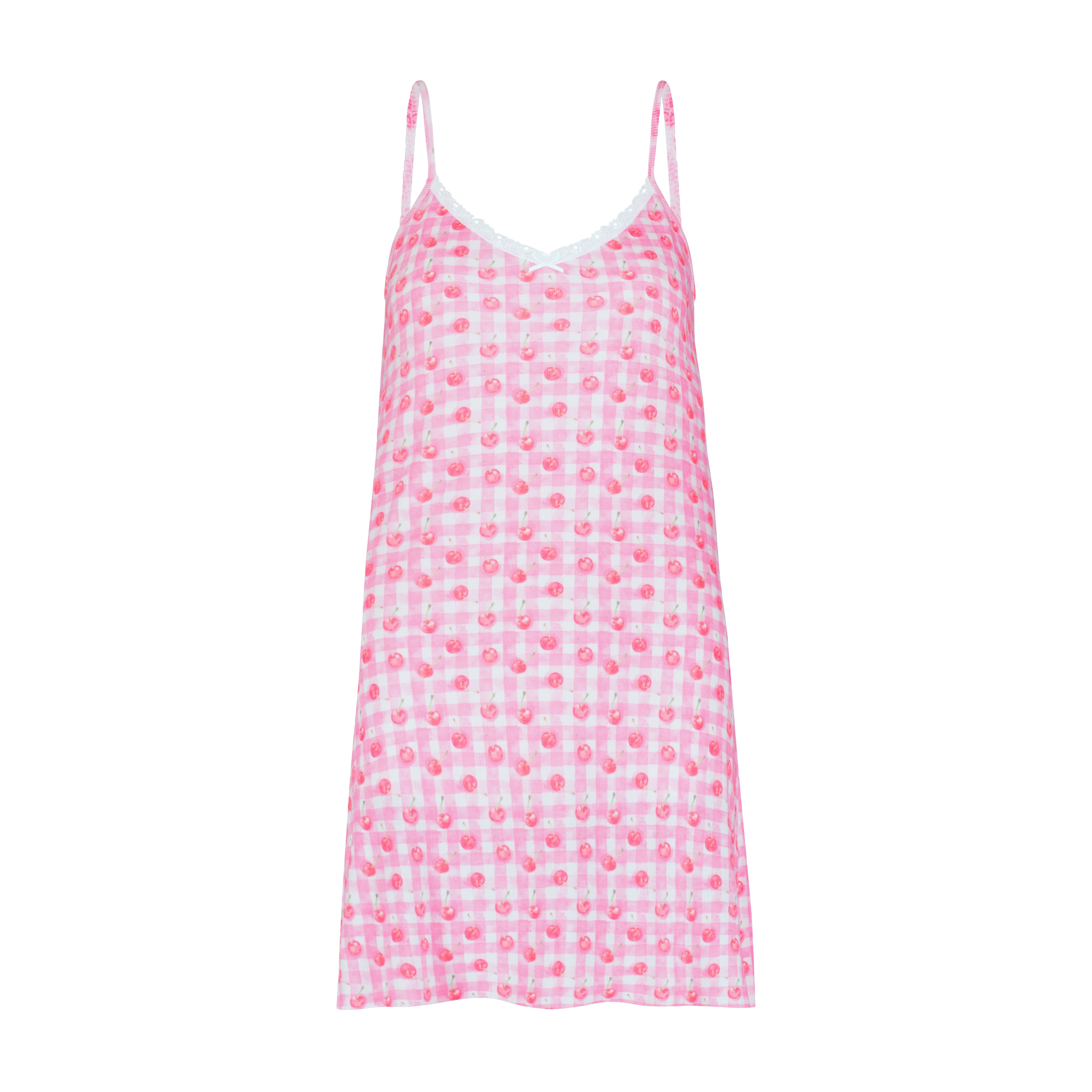 Kelly A Line Short Gown w Adjustable Straps - Cherry Gingham Print
