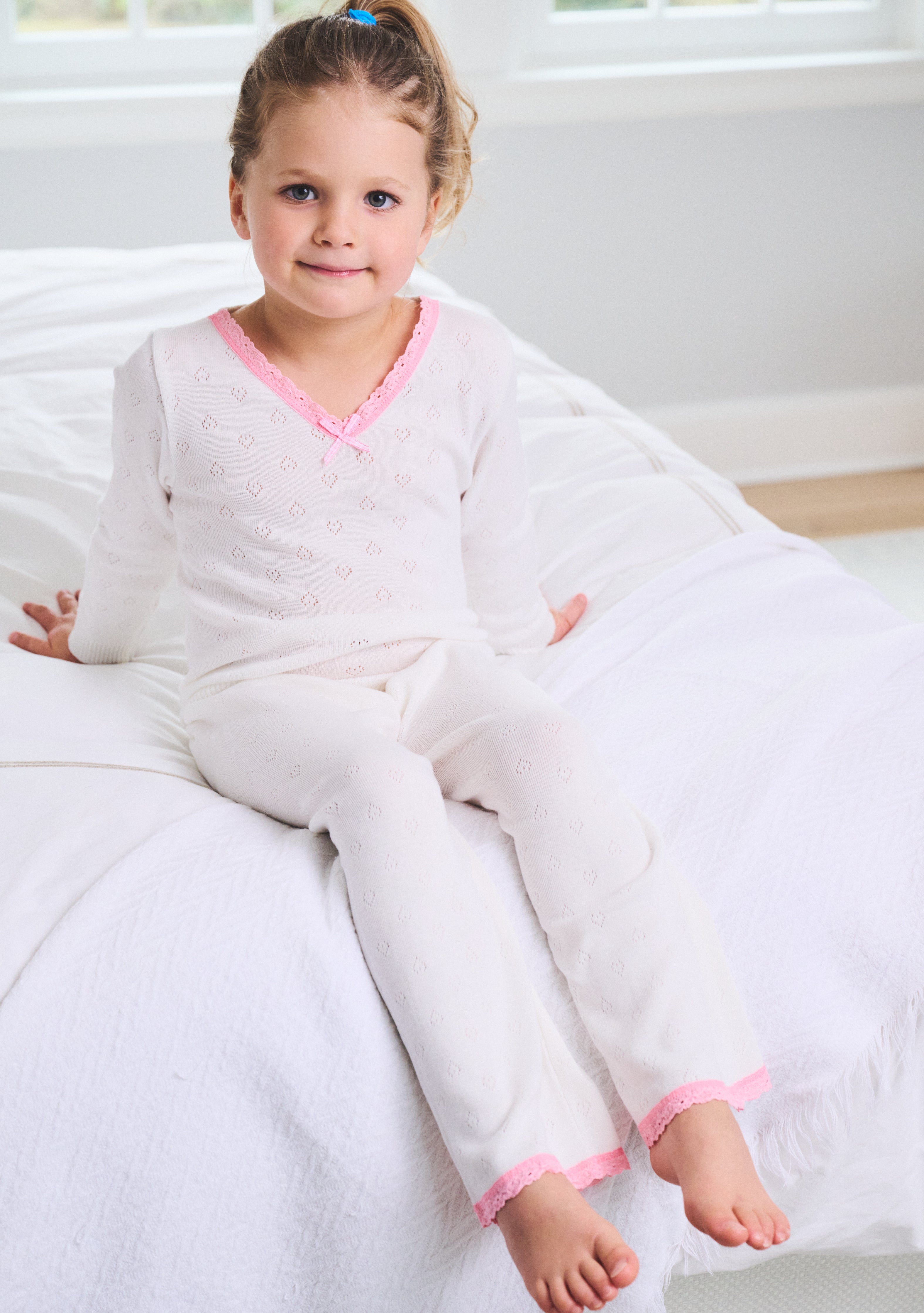 Girls Set V LS w Wide Leg Pant - Ivory Hearts Pointelle