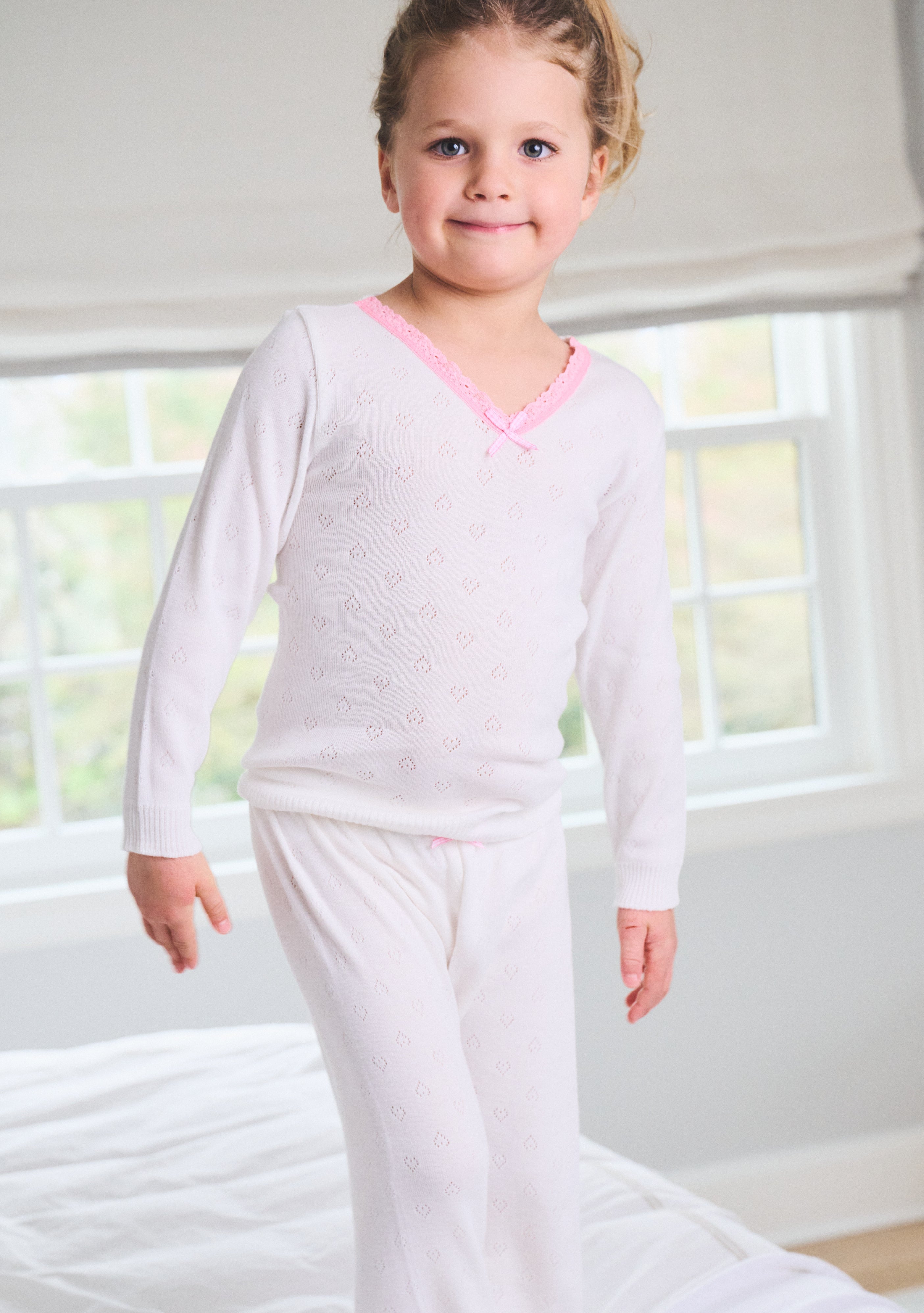 Girls Set V LS w Wide Leg Pant - Ivory Hearts Pointelle