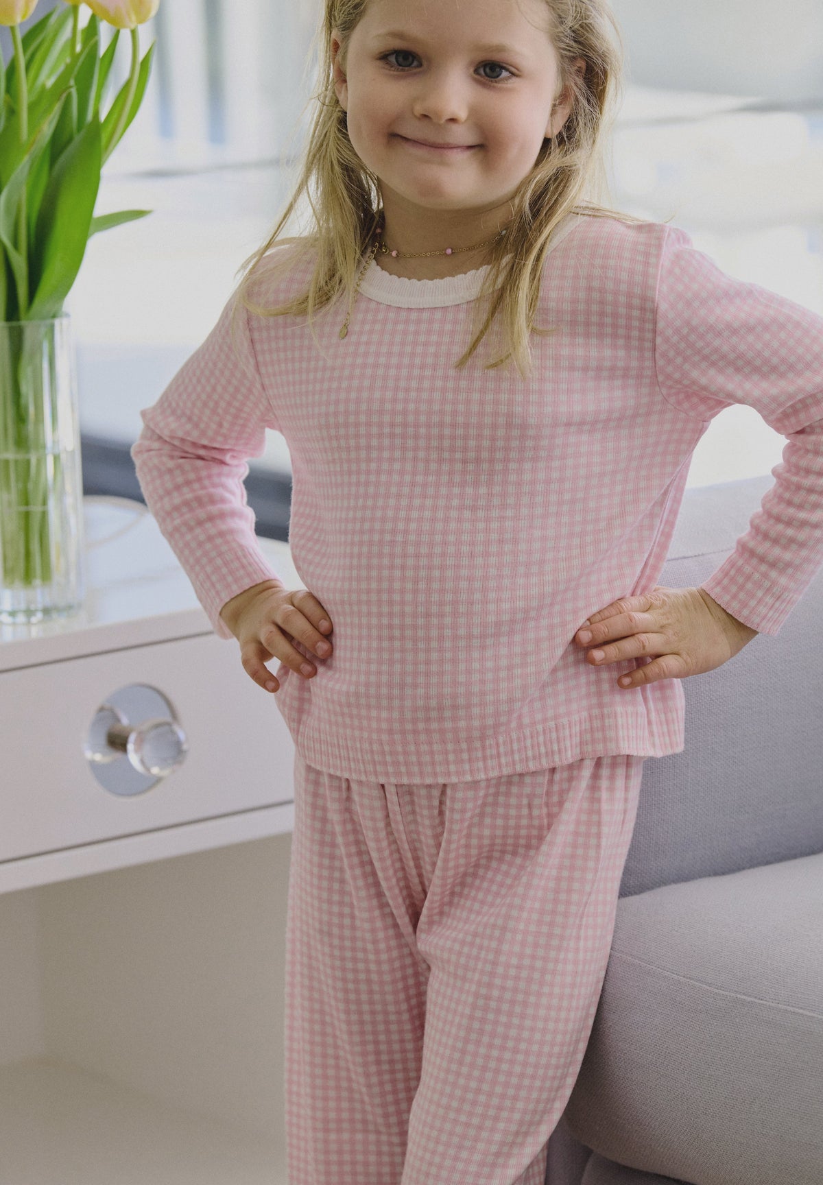 Girls Rach Slouchy Long Sleeve Tee & Wide Leg Pant Set - Pink Gingham Print
