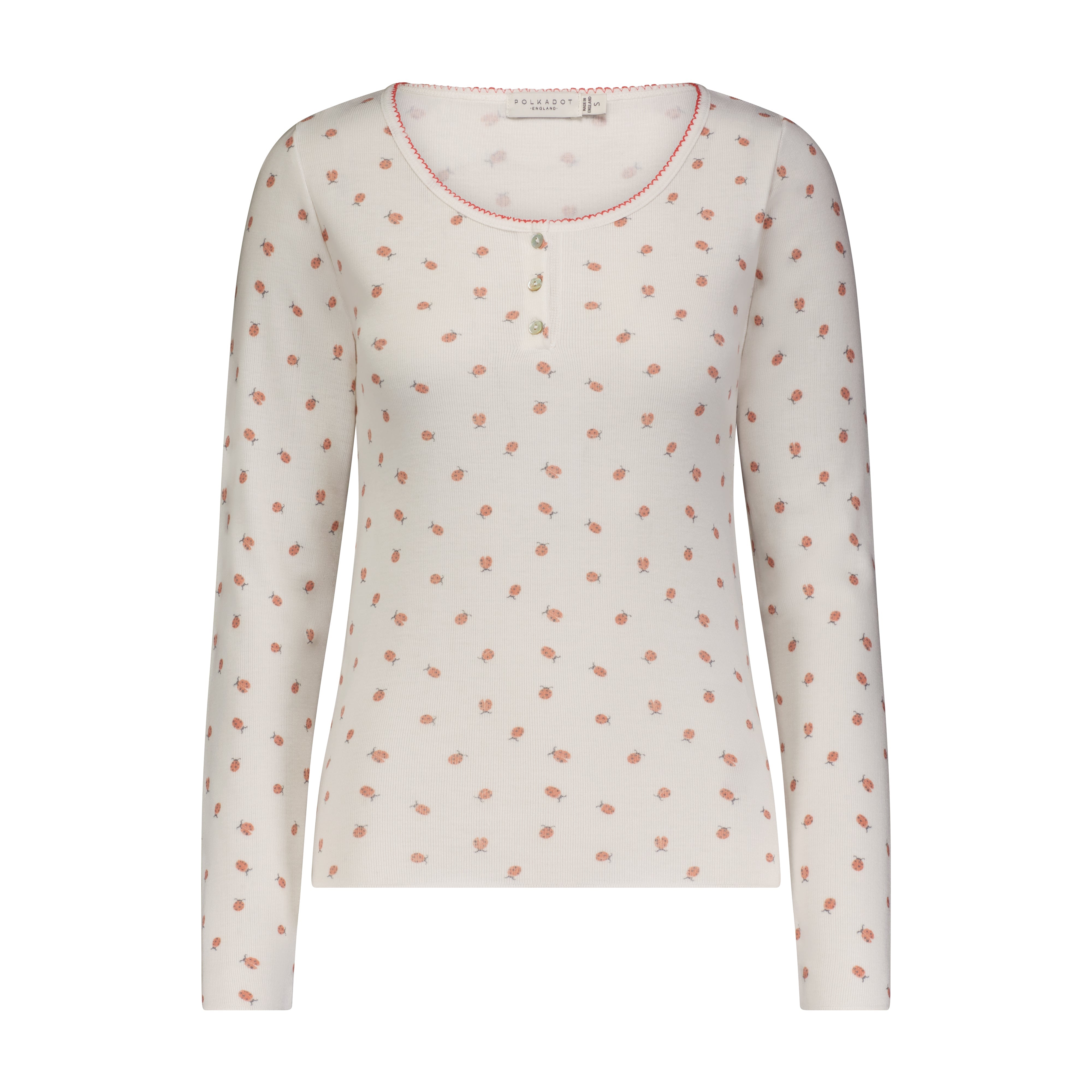LUCKY LADYBUG Print HENLEY Fitted Crew LS