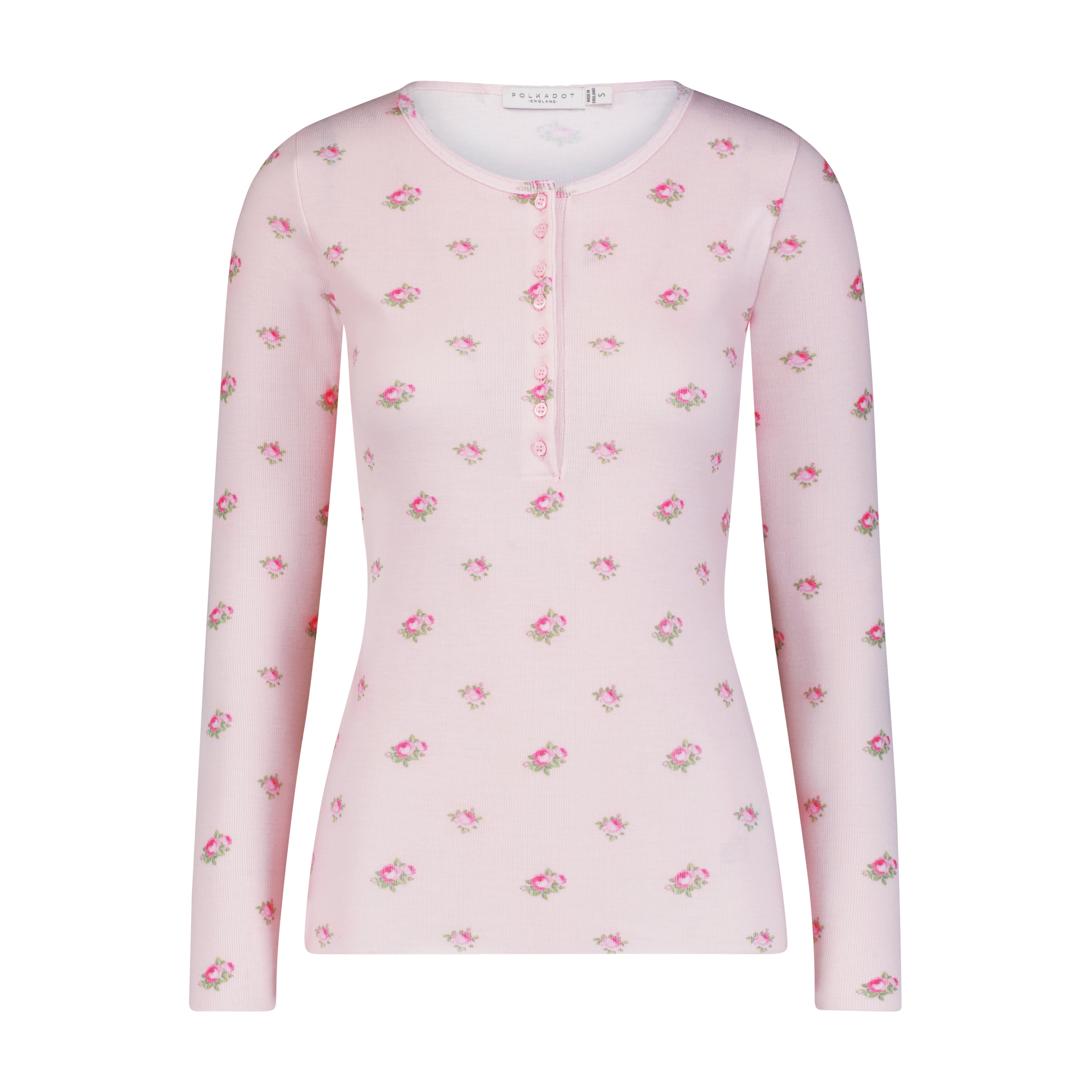 HENLEY 8 Button Fitted LS Pink Vintage Rose Print