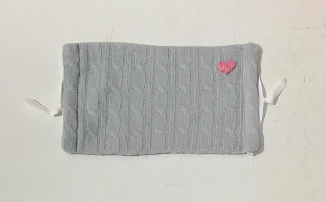 Cashmere Mask- Embroidered Heart- Blue Cable Knit with Pink Heart
