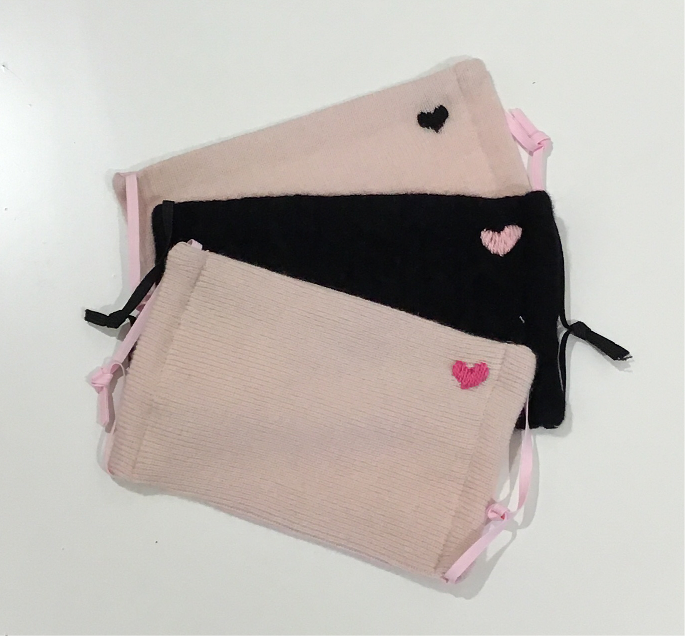 Cashmere Mask- Embroidered Heart- Black Cable Knit with Pink Heart